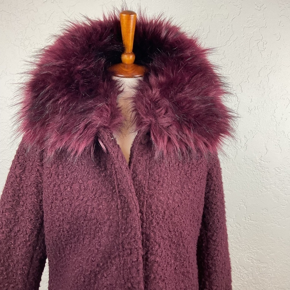 Women’s Jessica Simpson Plum Faux Boiled Wool Dress Coat Faux Fur Collar Sz Med